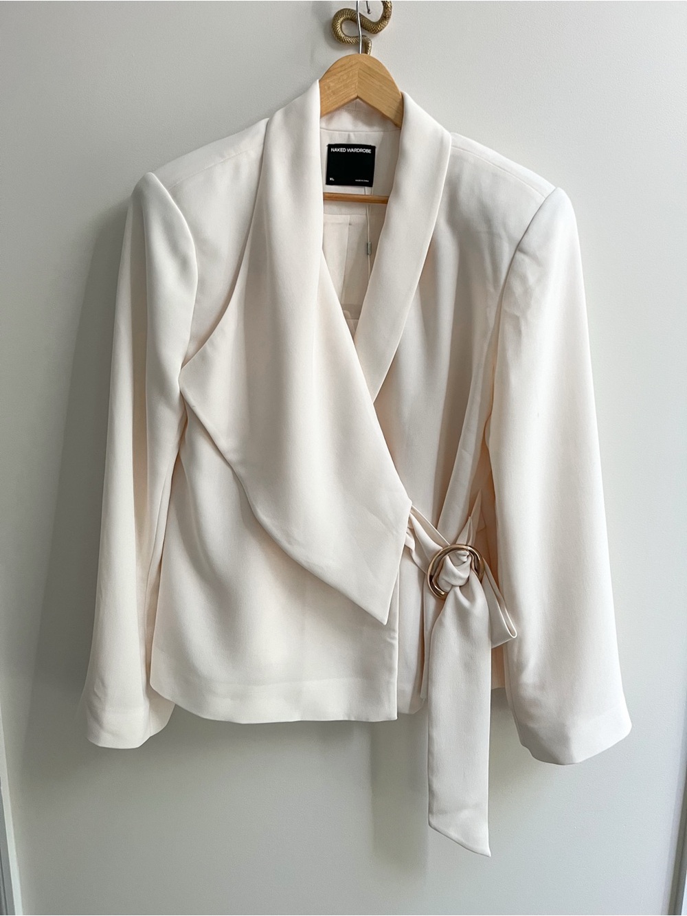 NWT Naked Wardrobe Suiting Asymmetric Wrap Belted Blazer Ivory Cream XL